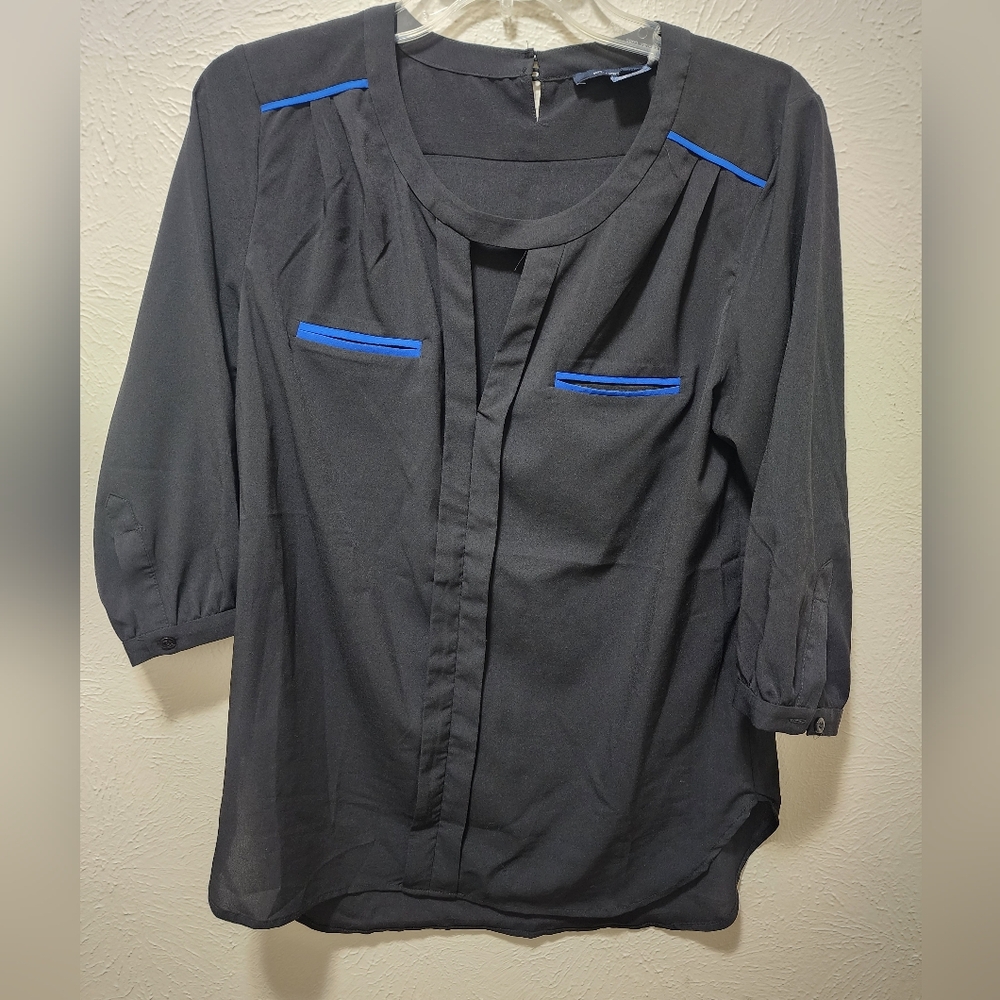French Connection black and blue trimmed blouse Size 6
